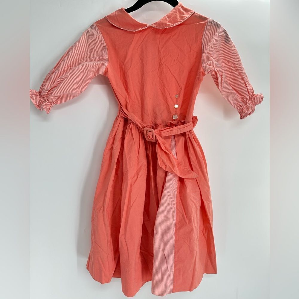 Vtg 50-60s Girls Coral Dress Peter Pan Collar Belted Full Skirt Cotton Size 10